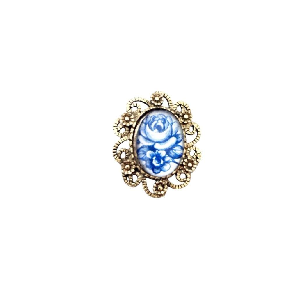 Vintage Blue and Gold-Toned Floral Brooch Granny-Core